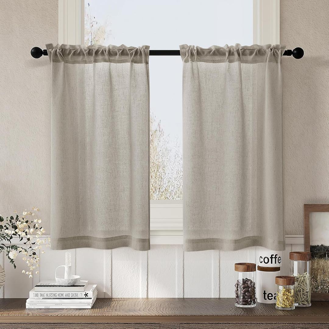 2 x Linen Curtains Short with Rod 36 Inch Length Farmhouse Boho Small Window Curtains Semi Sheer for Bathroom Basement Burlywood Birch 2 Panels Set