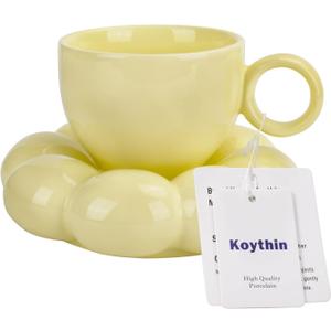 Koythin Ceramic Coffee Mug with Saucer Set, Creative Cute Cup with Sunflower Coaster for Office and Home, Dishwasher and Microwave Safe, 6.5 oz/200 ml for Tea Latte Milk (Lemon Yellow)