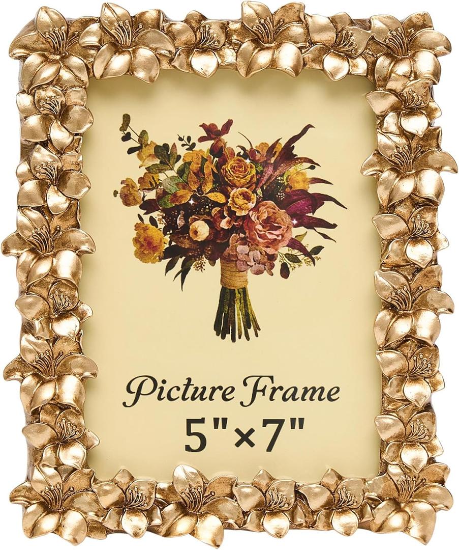 JANDERART Vintage Picture Frame 5x7 Inch, Ornate Antique Photo Frames with Glass Front, Lily Flowers Design, Tabletop & Wall Hanging, Photo Gallery, Gold