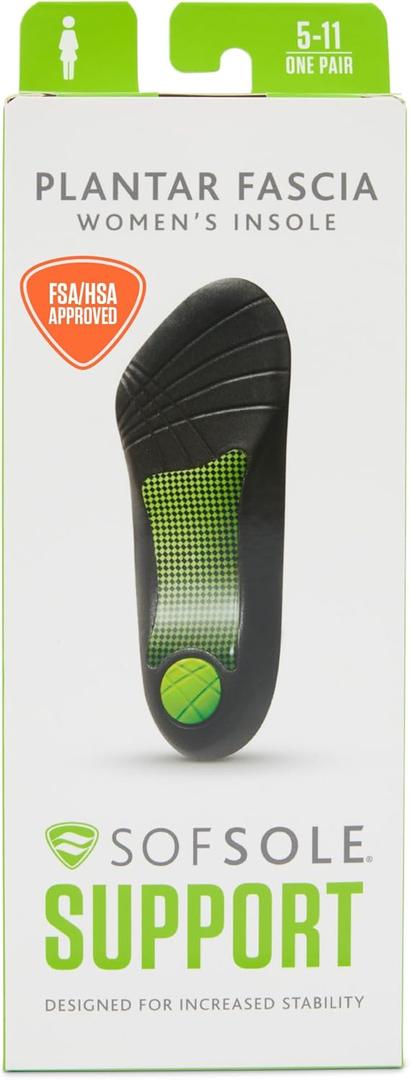 Sof Sole Plantar Fascia Insoles (FSA&HSA Eligible) - 3/4 Length, Gel in Heel- Support in Arch, For Women (5-11, Black)