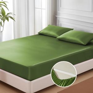 MR&HM Satin Fitted Sheet Queen Size, Silky Bottom Sheet with Elastic Corner Straps, Deep Pocket up to 15 Inch, No More Slipping Off for Mattress - 1 Fitted Sheet Only (Sage)