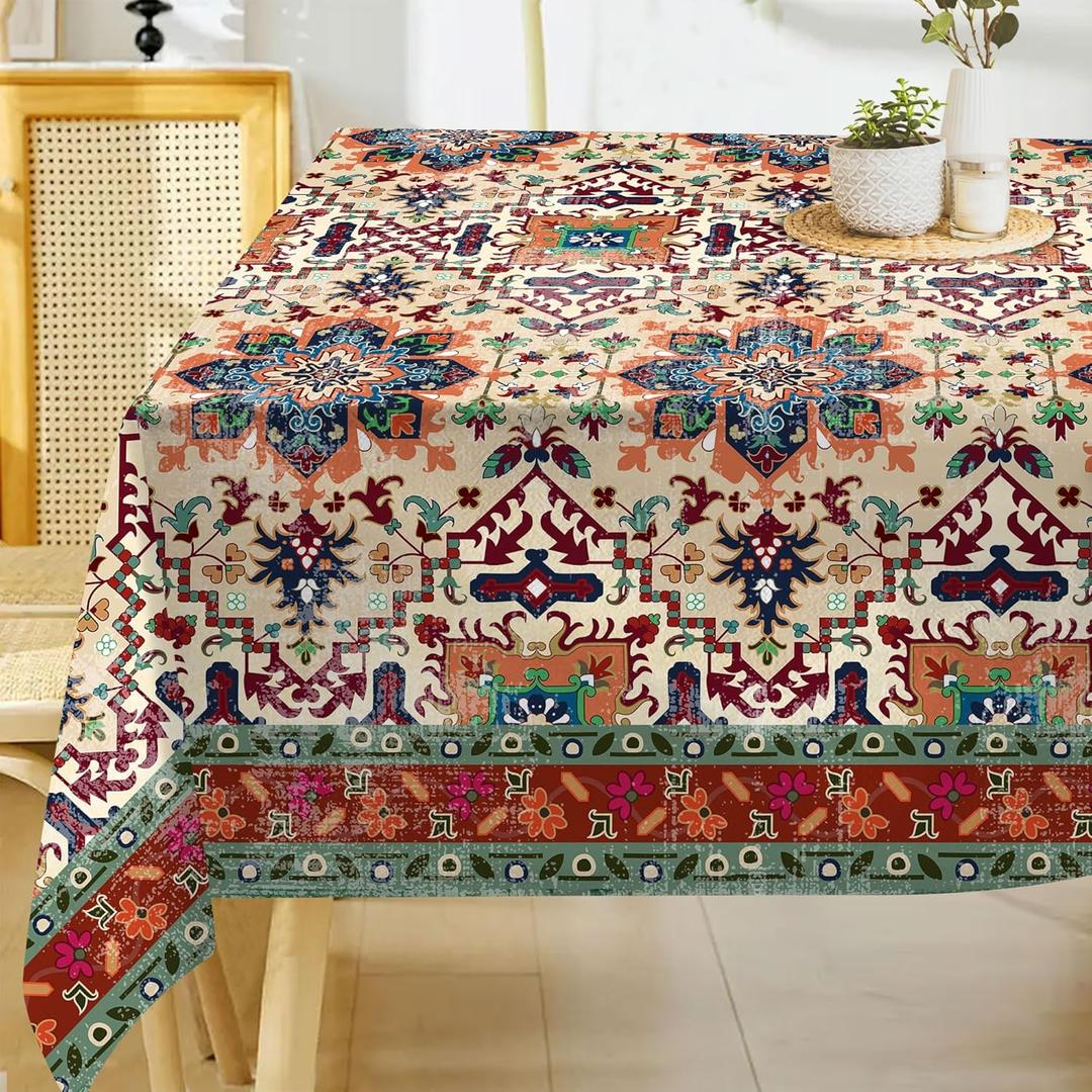 Hexagram Boho Tablecloth 60x84 Inches Rectangle Summer Rustic Vintage Waterproof Table Cloth for Kitchen Home Party Dinner Decorations