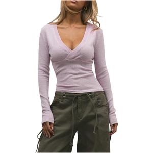 SHENHE Women's V Neck Wrap Top Sexy Low Cut Long Sleeve Knit Shirt Fall Going Out Tops (M)