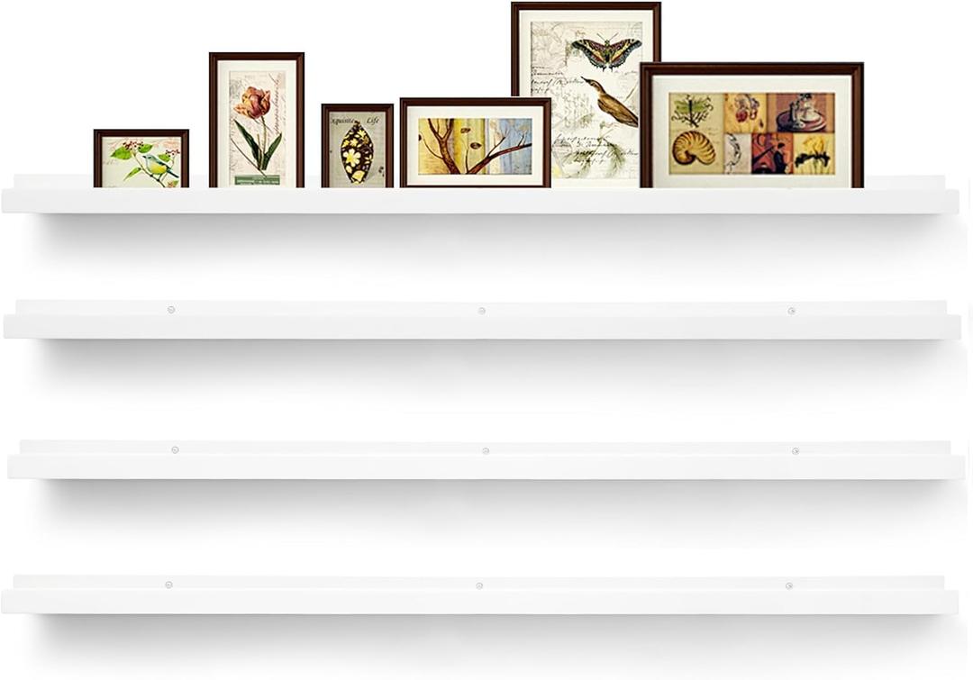 Picture Shelves for Wall,Long Floating Ledge Set of 4,Narrow Large Wood Rustic Photo Frames Vinyl Record Storage Display Nursery Kids Bookshelf Decor for Living Room Bedroom Kitchen,47'',White