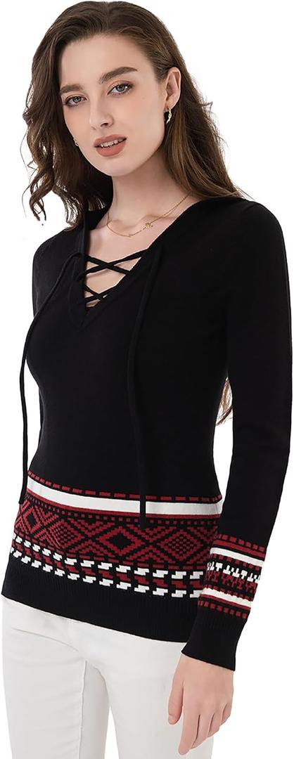 AmélieBoutik Women Fair Isle Lace Up Pullover Hooded Sweatshirt Small