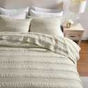 Beige Striped Queen Size Quilt Set, Lightweight Pick Stitch Bedspread with 2 Shams, Netural Soft Cloud Chambray Farmhouse Country Coverlet Rustic Thin Comforter Spring Summer, 3-Piece Bedding Set