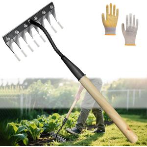 Upgraded Weed Puller Tool, Rust-Proof Manual Weed rake (cultivates Soil with Wooden Handle), 8-Tine Manganese Steel Iron rake for Gardening/Weeding, Gardinia uprooting Tool
