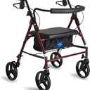 Medline Large Steel Bariatric Rollator Walker with Adjustable Handles, Padded Seat & Backrest, Burgundy, 500 lb. Weight Capacity, Foldable with Storage, 8" Wheels, Rolling Walker For Seniors & Adults