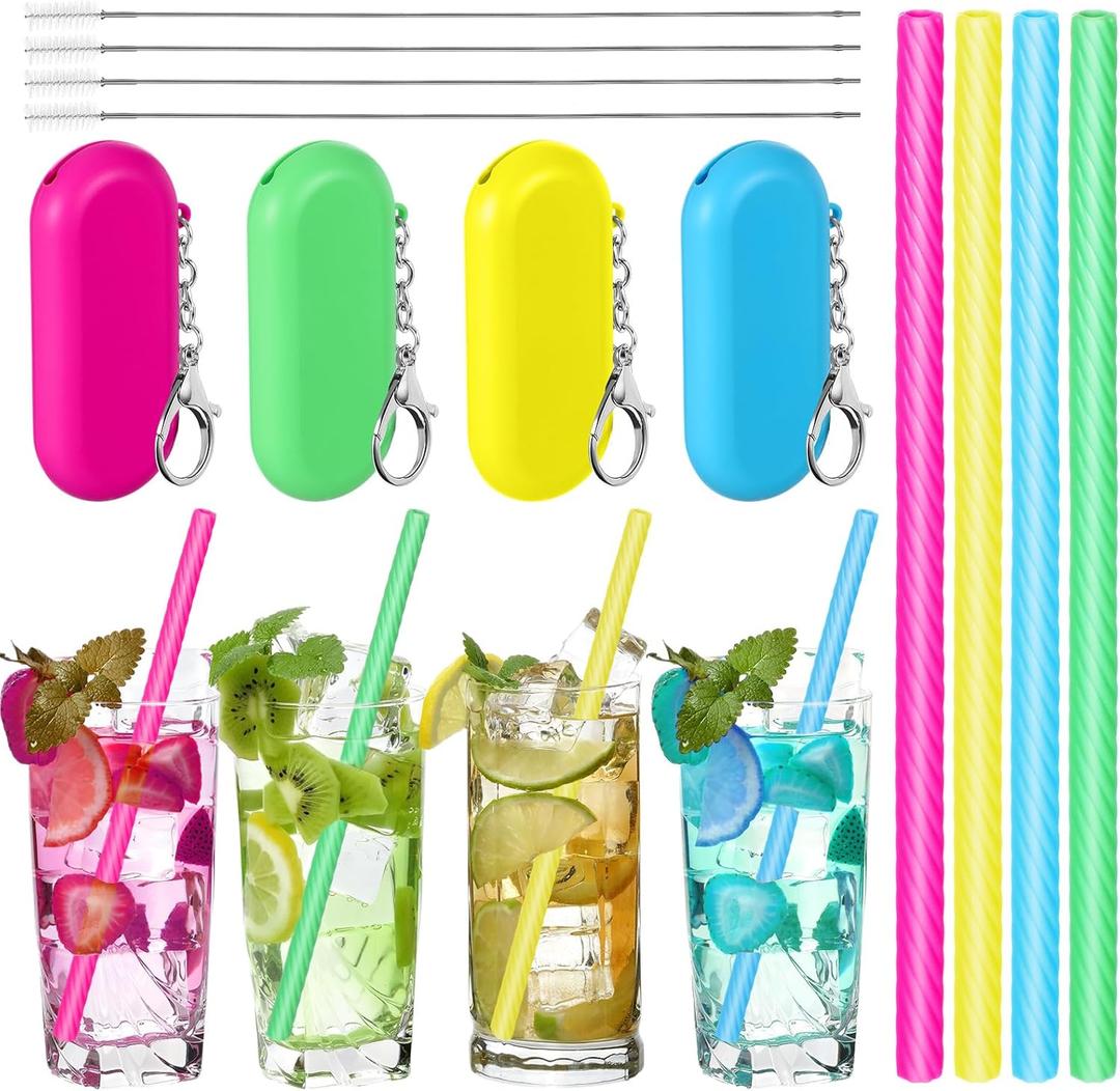Meanplan 4 Sets Cruise Ship Essentials,4 Set Silicone Straws with Case Reusable Silicone Portable Drinking Straw Set for Party Travel Cold or Hot with 4 Carry Case, 4 Cleaning Brushes (Neon Colors)