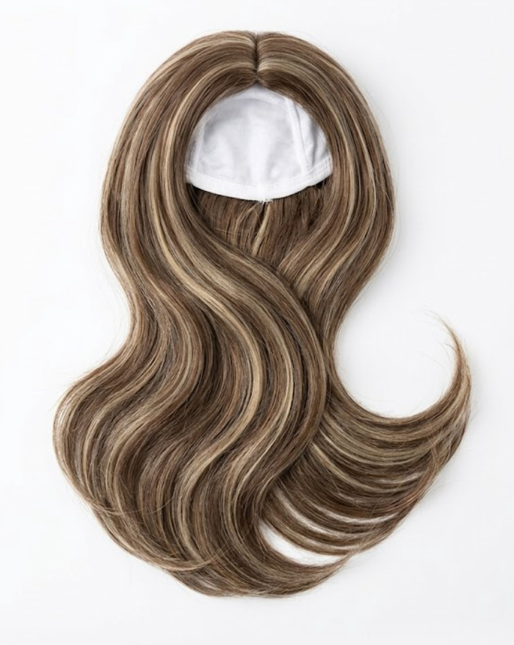 Light Brown Wigs with Highlights for Women Synthetic 16 inch Medium Length Wigs with Bangs Natural Long Wavy Fringe wig Heat Resistant Hair for Daily Party Use (16 inch)