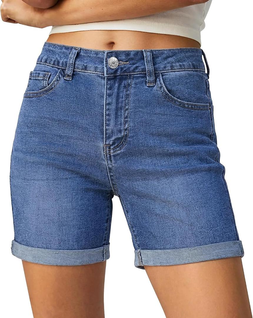 luvamia Jean Shorts for Women High Waisted Trendy Mid Thigh Long Cuffed Hem Stretchy Denim Shorts Casual Summer Jorts (Blue, XS)