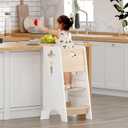COSYLAND Toddler Standing Tower Adjustable Height - Super Stable Kids Kitchen Stool Helper - 3 Levels Adjustable Wooden Toddler Kitchen Stool (Natural & White)