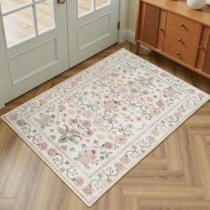 Maxsoft Small 2x3 Rugs for Entryway, Washable Floral Area Rugs for Entrance, Low Pile Thin and Non-Slip Throw Carpet for Kitchen Floor, Front Door Indoor Door Mat, Bathroom, Bedroom Bedside, Pink