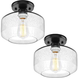 TOBUSA 2-Pack Industrial Semi Flush Mount Ceiling Light, Black Light Fixture Ceiling Mount with Seeded Glass Shade, Farmhouse Hallway Light Fixtures Ceiling for Living Room, Bedroom, No E26 Bulbs