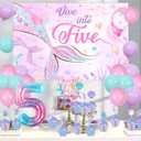 Mermaid Birthday Party Decorations, Dive Into Five Ocean Theme 5th Birthday Backdrop Cake Cupcake Toppers Pink Purple Blue Balloon for Girl 5 Year Old Party