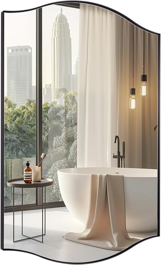 ANDY STAR Black Bathroom Mirror, 20"x30" Scalloped Wall Mirror in Stainless Steel Metal Frame, Unique Vanity Mirror with Modern Curved Edge Design, Ideal for Bathroom, Bedroom, Entryway