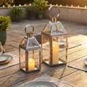 TRIROCKS Set of 2 Stainless Steel Decorative Lanterns 13"&10" H Metal Candle Holders with Tempered Glass for Home Decor Living Room Parties Events Tabletop Indoors Outdoors(Silver)