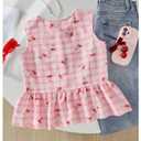 WDIRARA Girl's Cherry Plaid Tank Top Cute Bow Sleeveless Ruffle Hem Peplum Tops Pink 9Y (Pink, M)