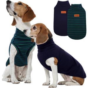 FUAMEY 2 Pack Dog Fleece Vest for Medium Dogs,Yorkshire Bichon Schnauzer Stretchy Dog Sweatshirts Warm Dogs Pullover Winter Pet Sweaters with Leash Hole Puppy Turtleneck Sleeveless Green Stripes M (Medium(Chest:18.5in))