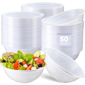 Newtay 50 Pack 32oz White Disposable Plastic Bowls Plastic Salad Bowls Large Stackable Serving Soup Dinnerware for Birthdays, Weddings, Parties, Festivals