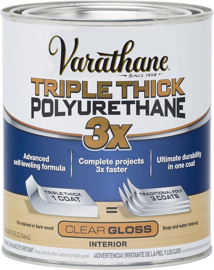 Varathane Triple Thick Polyurethane Clear Wood Finish | Self-Leveling Formula | Scratch And Stain Resistance | Durability In One Coat | Gloss | Quart (Quart (Pack of 1))
