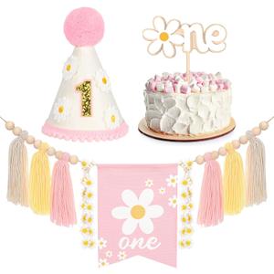 Daisy 1st Birthday Decorations Highchair Pink Floral High Chair Banner Boho Flower One Wooden Cake Topper for Pastel Flowers First Birthday Party Decorations (Daisy)