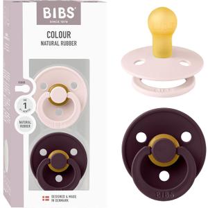 Bibs Pacifiers Color Collection, Set of 2 BPA-Free Latex Pacifiers Made in Europe, Round Nipple Baby Pacifier. (0+ Month (Pack of 2), Petal / Plum)