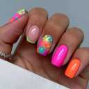 Flower Press on Nails Short Square Fake Nails with Cute Floral Design Stick on Nails Glossy Full Cover False Nails Colorful Acrylic Glue on Nails for Women Girl Nails Art Decoration 24Pcs
