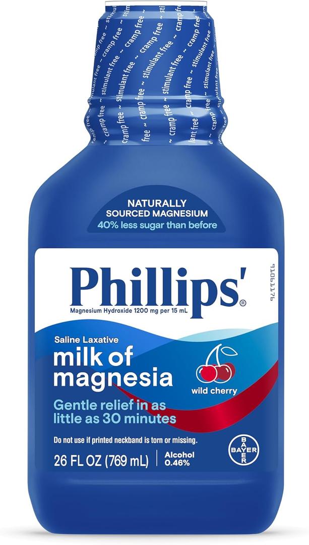Phillips Milk of Magnesia Liquid Laxative, Wild Cherry Flavor, Stimulant Free, Cramp Free Relief of Occasional Constipation*, Effective in 30 minutes - 6 hours, #1 Milk of Magnesia Brand, 26 oz