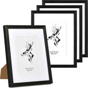 Yaetm 8x10 Picture Frame Set of 4, Solid Black Wood 8x10 Photo Frames with Tempered Glass, Display 5x7 with Mat or 8 x 10 without Mat for Wall Mount and Tabletop (4 Pack, Anthracite Black)