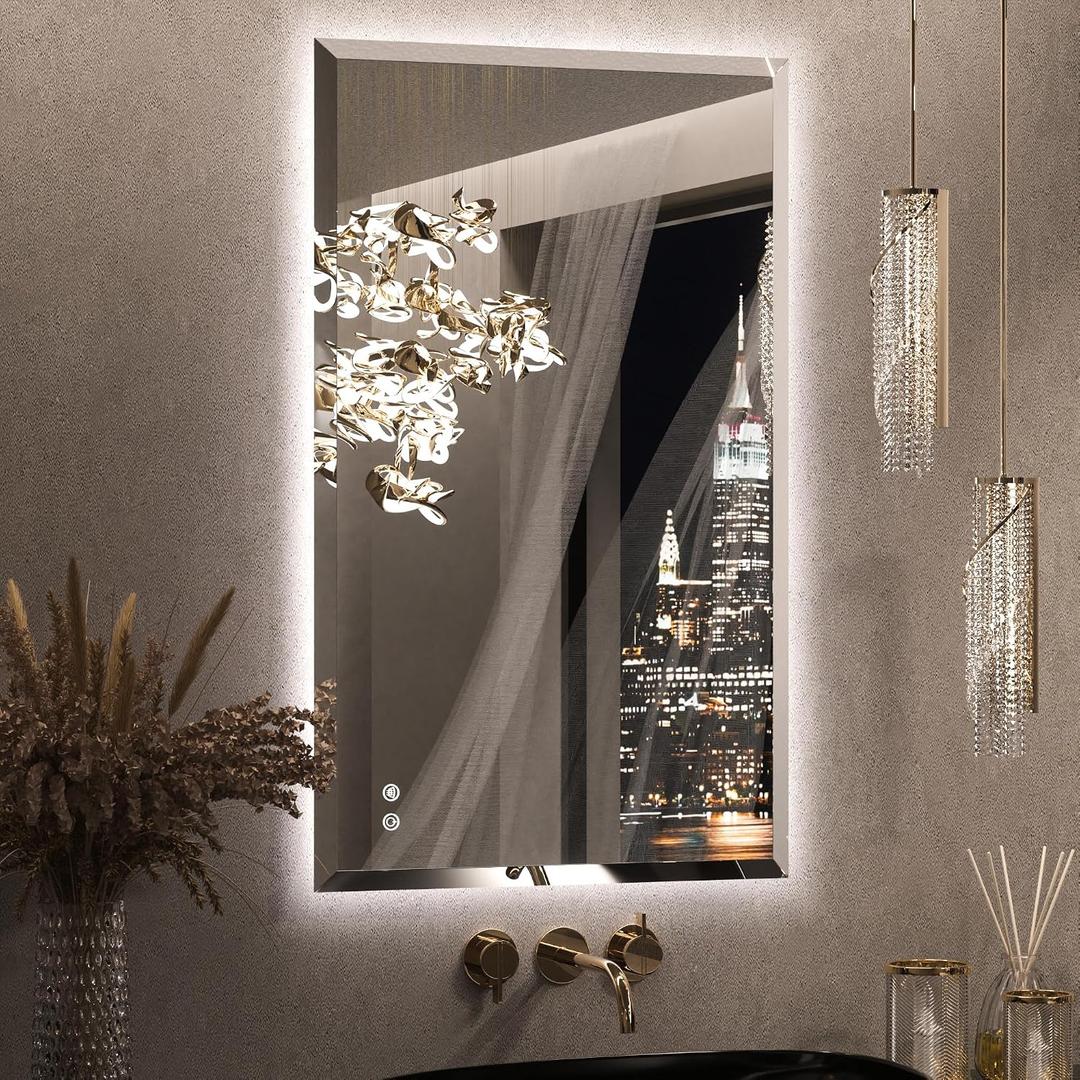 Keonjinn 40 x 24 Inch Backlit LED Mirror for Bathroom, Beveled Frameless Mirror with Backlight, Safe Tempered Glass, UL-Listed LED Driver, 3 Color Lights, Defogging, Decorative(Horizontal/Vertical)