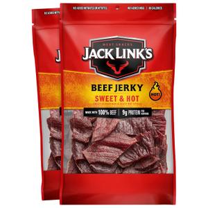 Jack Link's Beef Jerky, Sweet & Hot, Large Jerky Bags - Flavorful Meat Snacks, Ready to Eat Protein Snacks, 9g of Protein per Serving, Made with 100% Beef - 9 Oz. (Pack of 2) BBD: 01-23-2028