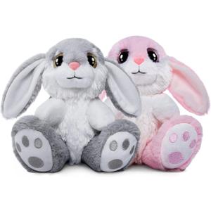 HO-EF 8.5" Bunny Stuffed Animal, 2 Sitting Bunny with Flappy Ears Plush Bunny Cute Stuffed Rabbit Plush Toy, Companion Easter Gift for Boys Girls Babies Kids (Pink+Grey)