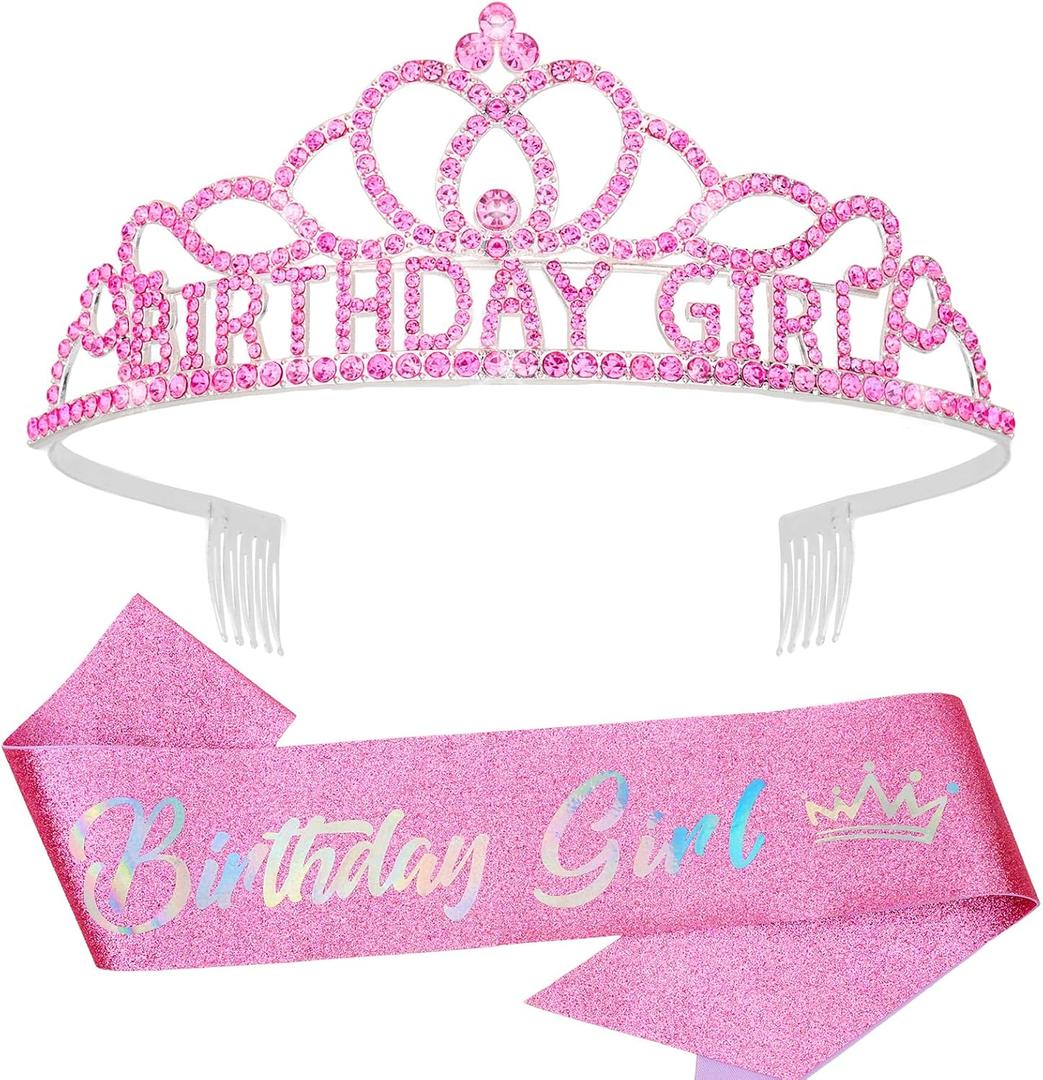 CAVETEE Birthday Crown and Sash for Girls, Birthday Decorations for Her Birthday Sash and Tiara for Women & Girls