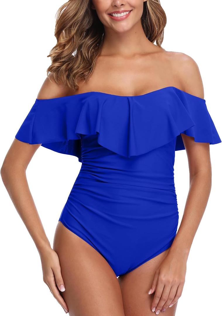 ZINPRETTY Womens Retro One Piece Bathing Suit Tummy Control Off Shoulder Swimsuit Flounce Ruffled Monokini Full Coverage (Large, Dark Blue Swimsuit)