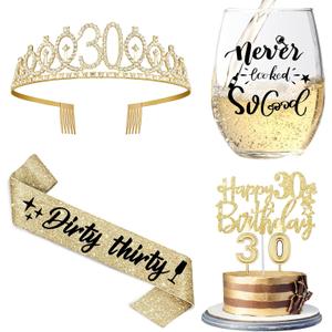 30th Birthday Gifts for Her with 15oz Glass, Birthday Crown, Sash, Cake Topper and Candles, 30 Year Old Decorations Gifts Idea