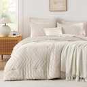 Andency Oversized Queen Comforter Set, Beige Boho Cream Soft Warm Neutral Bedding Comforter Sets, 3 Pieces Aesthetic Chevron Farmhouse Cute Bohemian Textured Bed Set