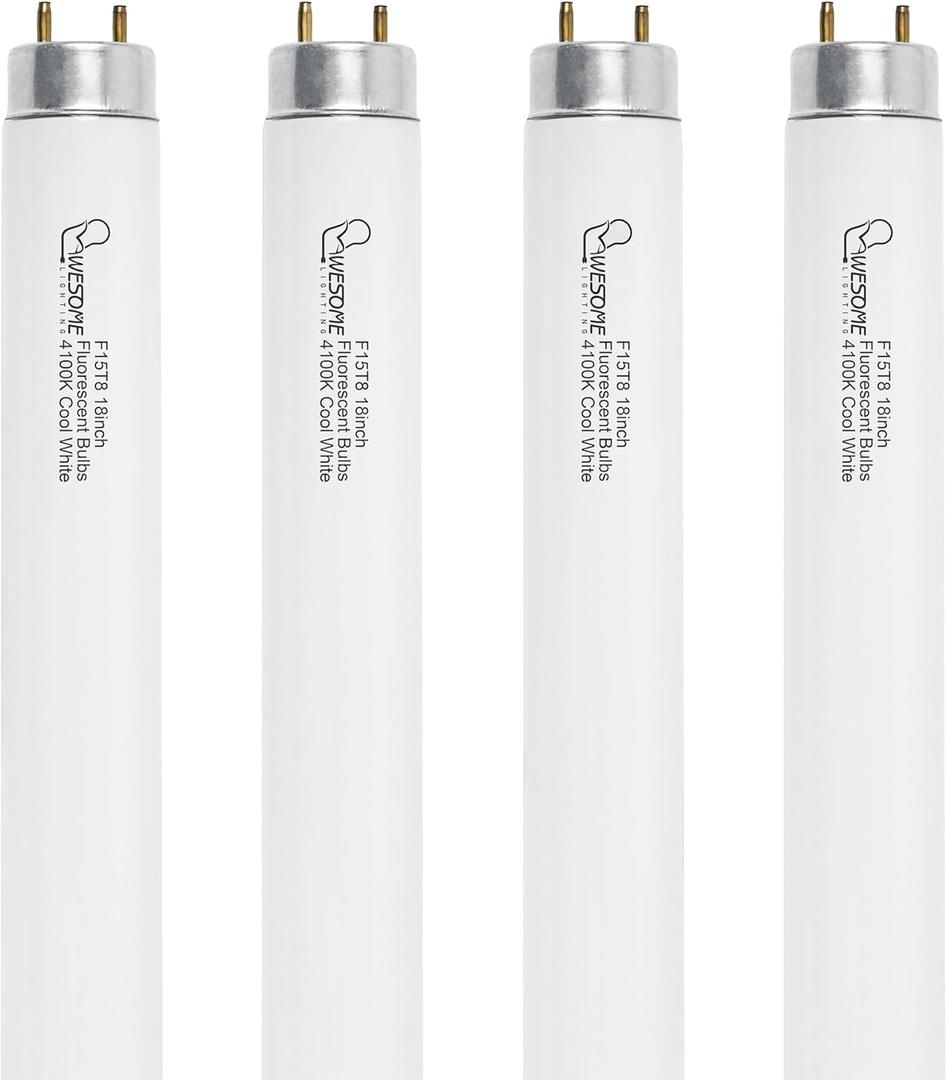 18 Inch F15T8/CW Fluorescent Light Bulbs, Cool White 4100K, T8 15 Watts Fluorescent Bulb Replacement Tube for Counter and Cabinet Fixture, G13 Base - 4 Pack
