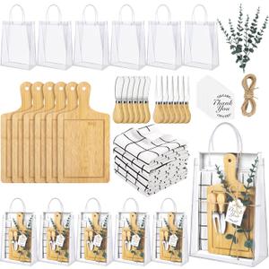6 Sets Baby Shower Prizes for Game Winners Square Wood Cheese Board Gift with Knives Spoons Gift Bags Kitchen Towels Bridal Shower Party Favors for Guests (Beige Color)