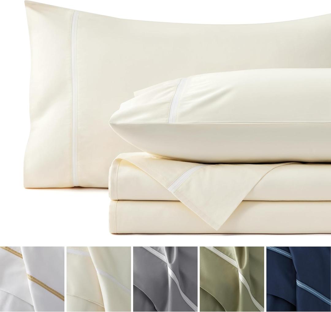 Bedsure 100% Cotton Sheets King Size Set - 500 Thread Count Cotton Sateen Bedsheets, Luxury Hotel Quality, Soft & Breathable Bedsheets, 16" Deep Pocket, 4-Piece, Include King Flat Sheet Ivory
