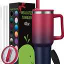 40 oz Insulated Tumblers with Handle and Straw Travel Cups Mugs Insulated Water Bottle for Hot and Cold (Rose Purple)