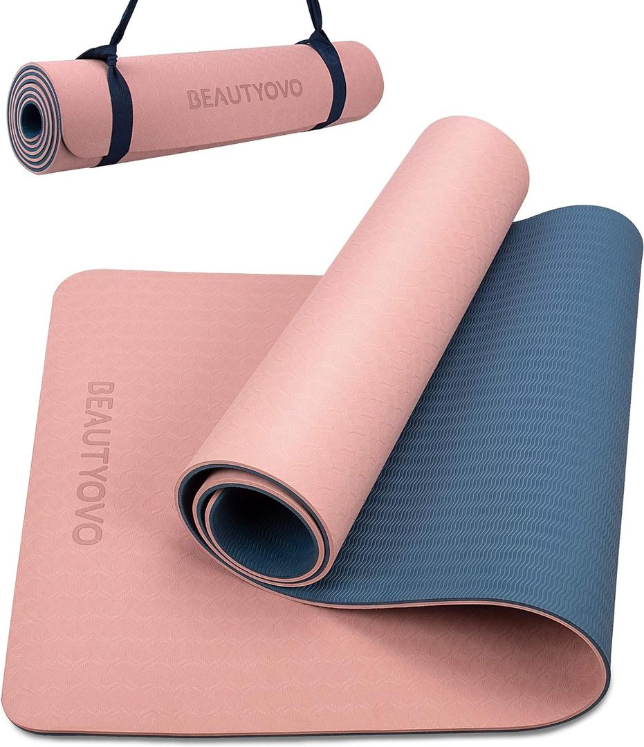 BEAUTYOVO Yoga Mat with Strap, 1/3 Inch Extra Thick Yoga Mat Double-sided Non Slip, Professional TPE Yoga Mats for Women Men, Workout Mat for Yoga, Pilates and Floor Exercises (Cherry Pink & Navy Blue)