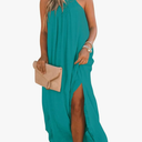 FARORO Sleeveless Long Dress for Women Boho Halter Maxi Sundress Casual Loose Dresses Split Cover Up Gown with Pockets, Large