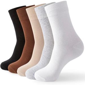 Josnown Crew Socks for Women, Thin Cotton Casual Soft Aesthetic Womens Socks 5 Pairs (A-black/Brown/Khaki/Grey/White)