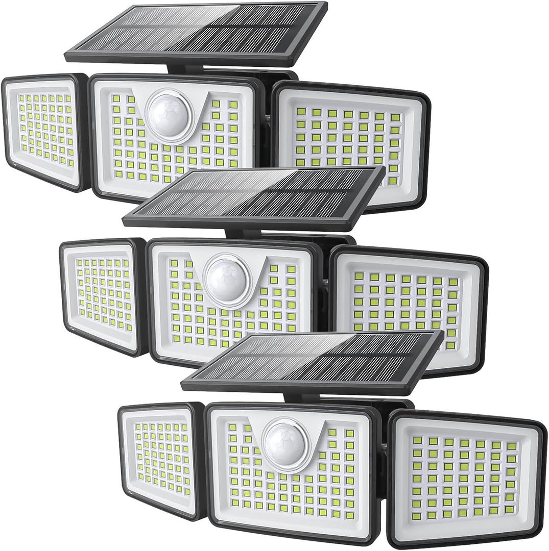 daphino 2500LM Solar Lights Outdoor with Motion Sensor,3 Head 270 Wide Angle Street Area Lights,IP65 Waterproof Security Lighting with 3 Modes(Remote,3 Pcs)