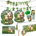 122 Pcs Dinosaur Theme Birthday Party Supplies Dinosaur Party Decoration Includes Plates Napkins Cups Forks Dino Banner Tablecloths Tableware for Birthday