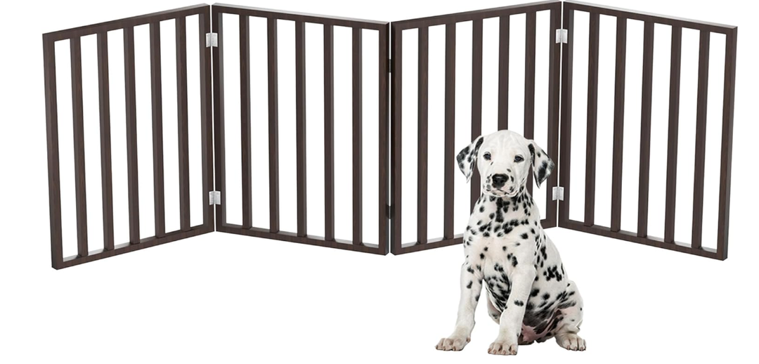 Pet Gate - 4-Panel Indoor Foldable Dog Fence for Stairs, Hallways or Doorways - 72x24-Inch Retractable Wood Freestanding Dog Gates by PETMAKER (Brown)
