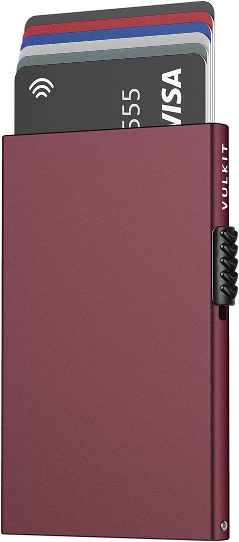 VULKIT Minimalist Credit Card Holder Pop Up Cards RFID Protection Slim Metal Wallet (Wine)
