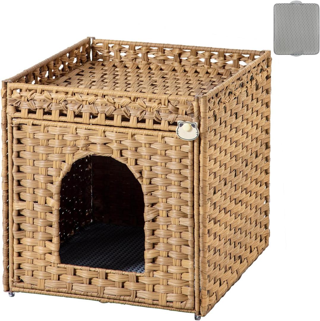 SETVSON Cat Litter Box Enclosure Furniture, Hidden PE Rattan, NaturalPE Rattan Kitty House with Top Fence, Fits Standard Litter Box, Included Litter Mat, 2 S-Hooks, Sturdy Metal Frame