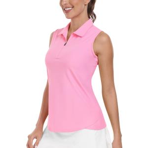 AIRIKE Female Golf Shirts Tank Tops Sleeveless Tennis Polo Zip Up with Collar Athletic Tanks Quick Dry Pink M